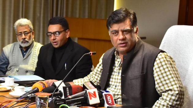 Energy minister Pushpendra Singh Ranawat addresses a press conference in Jaipur on Tuesday. (Prabhaklar Sharma/HT) Energy minister Pushpendra Singh Ranawat addresses a press conference in Jaipur on Tuesday. (Prabhaklar Sharma/HT)