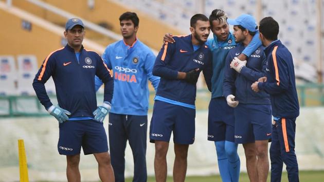 Indian cricket team's MS Dhoni, Hardik Pandya, Axar Patel, Manish Pandey and Yuzvendra Chahal during fielding drill on the eve of the second ODI against Sri Lanka cricket team in Mohali on Tuesday. (PTI) Indian cricket team's MS Dhoni, Hardik Pandya, Axar Patel, Manish Pandey and Yuzvendra Chahal during fielding drill on the eve of the second ODI against Sri Lanka cricket team in Mohali on Tuesday. (PTI)