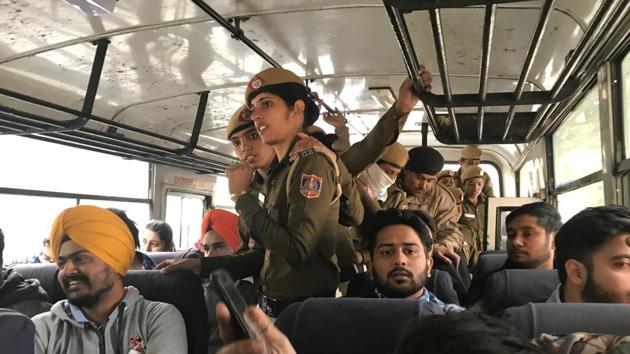 Students of Chintpurni Medical College being taken to Mandir Marg police station, in New Delhi on Wednesday. (HT Photo) Students of Chintpurni Medical College being taken to Mandir Marg police station, in New Delhi on Wednesday. (HT Photo)