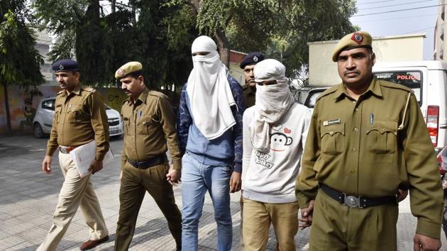 The two persons allegedly stabbed to death 53-year-old Ramesh Vij, executive director of Nagata India Pvt Ltd, on August 30. They were arrested on Tuesday. (Sanjeev Verma/HT PHOTO) The two persons allegedly stabbed to death 53-year-old Ramesh Vij, executive director of Nagata India Pvt Ltd, on August 30. They were arrested on Tuesday. (Sanjeev Verma/HT PHOTO)