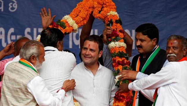 Congress president-elect Rahul Gandhi at an election campaign meeting in Gujarat’s Dakor.(Reuters)