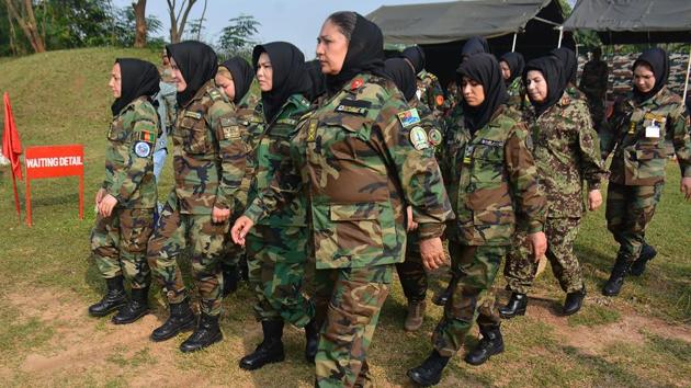 Afghan cadets march during the training programme at OTA Chennai. The women officers taking part in the exercise belong to diverse age groups with an officer as young as 21, and an anaesthetist with the medical corps in her 40s. (AFP) Afghan cadets march during the training programme at OTA Chennai. The women officers taking part in the exercise belong to diverse age groups with an officer as young as 21, and an anaesthetist with the medical corps in her 40s. (AFP)