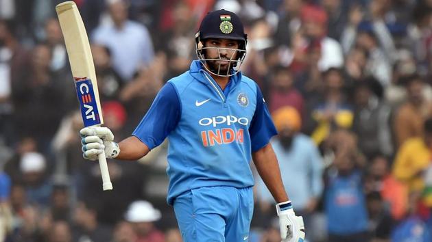 Rohit Sharma celebrates his century during the second ODI between India and Sri Lanka in Mohali.(PTI)