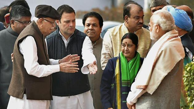 Congress president-elect Rahul Gandhi greets BJP veteran LK Advani ahead of a memorial ceremony for martyrs of the 2001 Parliament attack in New Delhi on Wednesday. (Sushil Kumar/HT photo) Congress president-elect Rahul Gandhi greets BJP veteran LK Advani ahead of a memorial ceremony for martyrs of the 2001 Parliament attack in New Delhi on Wednesday. (Sushil Kumar/HT photo)