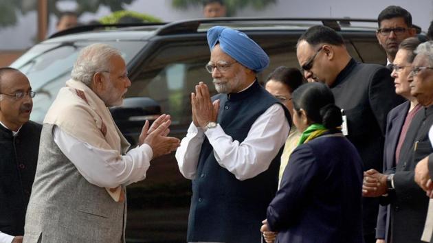 Prime Minister Narendra Modi, former PM Manmohan Singh and Congress president Sonia Gandhi at an event held on the anniversary of the 2001 parliament attack, at Parliament House in New Delhi on Wednesday. (Sushil Kumar/HT PHOTO) Prime Minister Narendra Modi, former PM Manmohan Singh and Congress president Sonia Gandhi at an event held on the anniversary of the 2001 parliament attack, at Parliament House in New Delhi on Wednesday. (Sushil Kumar/HT PHOTO)