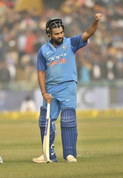 Indian skipper Rohit Sharma after completing his 200 during the second ODI match between India and Sri Lanka at the PCA stadium in Mohali on Wednesday. Rohit’s 208* helped India thrash Sri Lanka by 141 runs to level the series 1-1 (Ravi Kumar/HT)