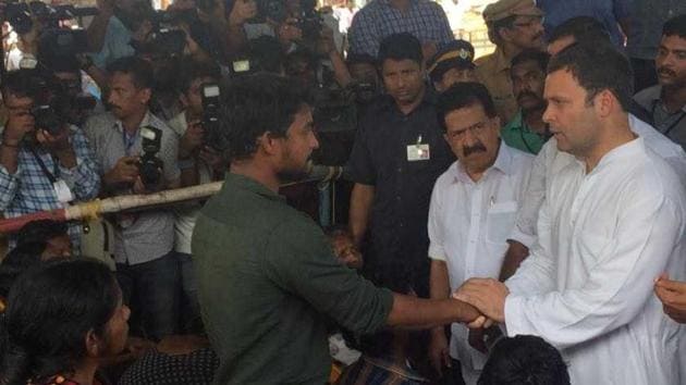 Congress president Rahul Gandhi visiting the fishing hamlets battered by Cyclone Ockhi in Thiruvananthapuram, on Thursday. (HT Photo) Congress president Rahul Gandhi visiting the fishing hamlets battered by Cyclone Ockhi in Thiruvananthapuram, on Thursday. (HT Photo)
