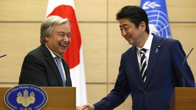 UN Secretary-General Antonio Guterres and Japanese PM Shinzo Abe shake hands during their joint news conference in Tokyo on Thursday. (AP) UN Secretary-General Antonio Guterres and Japanese PM Shinzo Abe shake hands during their joint news conference in Tokyo on Thursday. (AP)