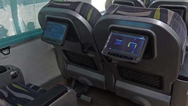 Each seat in the Anubhuti coach comes installed with a LCD entertainment screen where passengers can play music and movies with personalised headphones during their journey. (Satyabrata Tripathy / HT Photo)