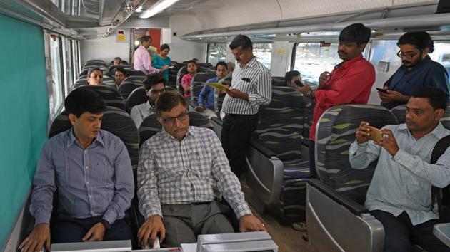 Government officials inspect the facilities in the newly arrived coach. “We have received first such coach and we would get the second one very soon. These coaches are equipped with all sorts of comfort facilities and promise to deliver more than what the Railways currently offers even on executive and first-class coaches that are attached to trains like Shatabdi and Rajdhani,” Bhakar said. (Satyabrata Tripathy / HT Photo)