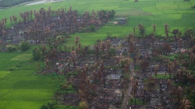 An aerial view of burnt villages near Maungdaw in Myanmar's northern Rakhine state. (AFP) An aerial view of burnt villages near Maungdaw in Myanmar's northern Rakhine state. (AFP)