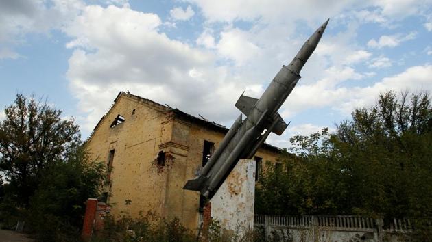 A monument depicts an anti-aircraft Krug missile system outside a damaged, former military unit near the airport. The relative normalcy which prevails in most parts of Donetsk, dissipates knowing the city centre is slightly more than 10 kms from the frontline. (Alexander Ermochenko / REUTERS) A monument depicts an anti-aircraft Krug missile system outside a damaged, former military unit near the airport. The relative normalcy which prevails in most parts of Donetsk, dissipates knowing the city centre is slightly more than 10 kms from the frontline. (Alexander Ermochenko / REUTERS)