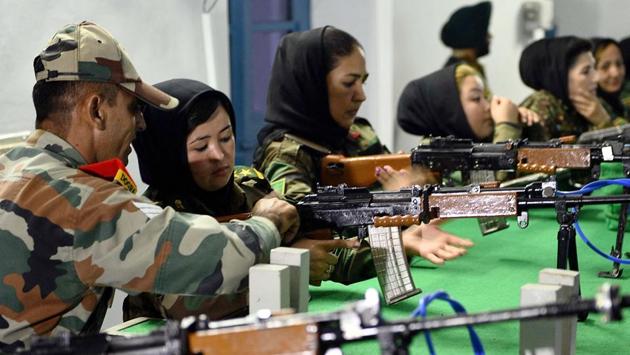 Lady cadets participate in a Small Arms Firing Simulator exercise. Major Sanjana said the training programme is a “capsule” which encompasses major features of one year’s worth of training. In addition to this, they are being trained to use hand grenades, AK-47s and the INSAS rifle among other weapons. (AFP) Lady cadets participate in a Small Arms Firing Simulator exercise. Major Sanjana said the training programme is a “capsule” which encompasses major features of one year’s worth of training. In addition to this, they are being trained to use hand grenades, AK-47s and the INSAS rifle among other weapons. (AFP)