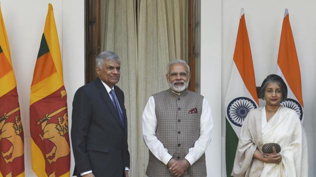 Prime Minister Narendra Modi with Sri Lnakan Prime Minister Ranil Wickremesinghe (left) and his wife Maithree Wickremesinghe, Hyderabad House, New Delhi, India, November 23, 2017 (Representative Photo)(Sushil Kumar/HT)