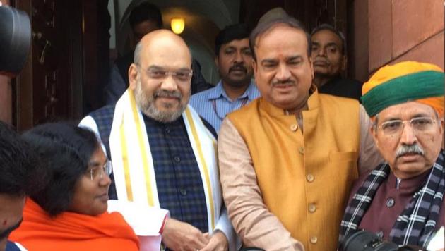 BJP president Amit Shah outside Parliament, where he made his debut in the Rajya Sabha on Friday. (ANI Twitter) BJP president Amit Shah outside Parliament, where he made his debut in the Rajya Sabha on Friday. (ANI Twitter)