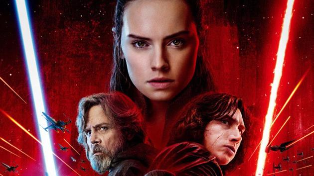 Daisy Ridley, Mark Hamill and Adam Driver as Rey, Luke and Kylo Ren in Star Wars: The Last Jedi.