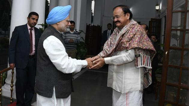 Former prime minister Manmohan Singh calls on Vice-President and Rajya Sabha chairman Venkaiah Naidu in New Delhi on Thursday. (Source: Twitter/VPSecretariat) Former prime minister Manmohan Singh calls on Vice-President and Rajya Sabha chairman Venkaiah Naidu in New Delhi on Thursday. (Source: Twitter/VPSecretariat)