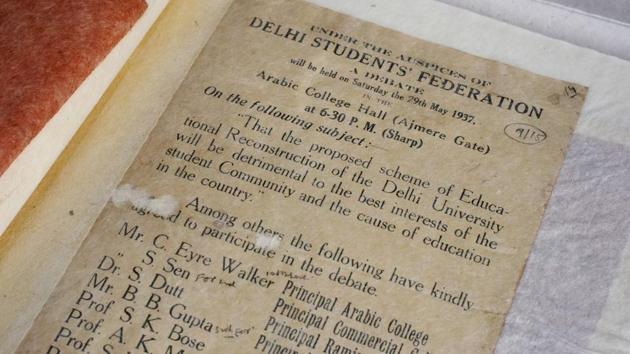 A poster of a debate titled “The proposed scheme of educational reconstruction of Delhi University will be detrimental to the best interest of the students’ community and the cause of education in the country,” organised by Delhi Students’ Federation on May 29, 1937 at Arabic College Hall (Ajmeri Gate) housed in the rare documents section shows faculty support for students’ concerns.  (Vipin Kumar / HT Photo) 