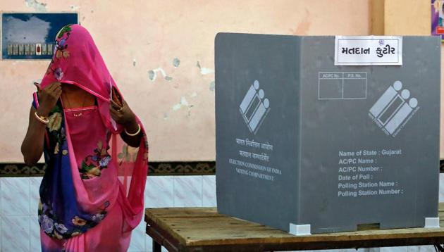 A woman covers her face as she leaves a polling booth after casting her vote during the first phase of state assembly election in Limbdi town of Surendranagar district in Gujarat. (Reuters Photo) A woman covers her face as she leaves a polling booth after casting her vote during the first phase of state assembly election in Limbdi town of Surendranagar district in Gujarat. (Reuters Photo)