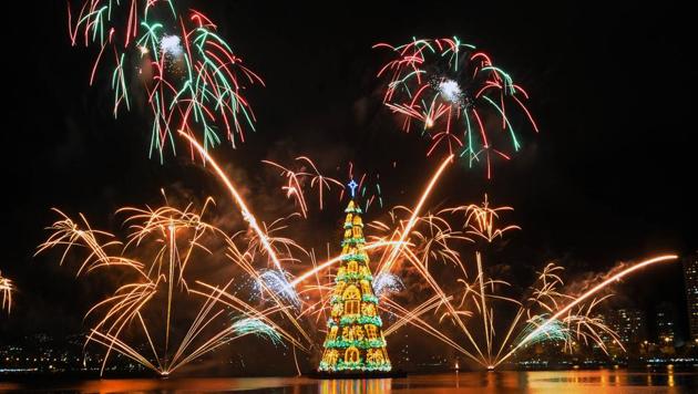 The 278 ft tall floating Christmas tree in Brazil has 3 million lights. (Shutterstock) The 278 ft tall floating Christmas tree in Brazil has 3 million lights. (Shutterstock)