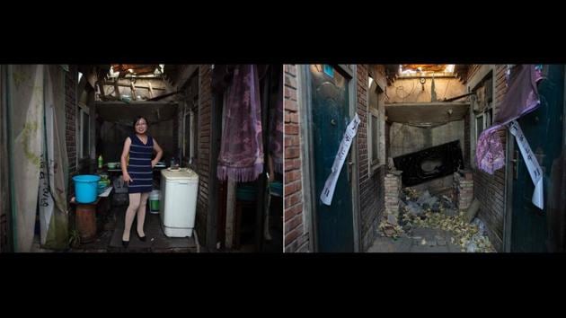 Zhang Zhanrong (C), in a shared kitchen as she cooks dinner for her family outside her room in Beijing is juxtaposed with a picture (R) taken on December 11, 2017 which shows the same area after the residents were evicted. The evictions have sparked criticism from China’s intellectuals, students and journalists, who say that the government unfairly targeted the vulnerable underclass. (Nicolas Asfouri / AFP)