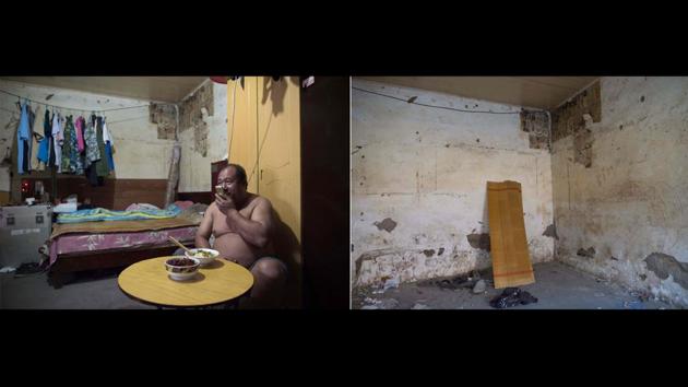 Liu Huiqing, who works for a moving company, seen talking on the phone inside his room eating dinner is juxtaposed with a picture (R) taken on December 11, 2017 showing the same room now. For owners, there is nothing left back in their hometowns, having spent all their savings to buy parts of apartment blocks where migrants rent rooms for a few hundred yuan each month. (Nicolas Asfouri / AFP)
