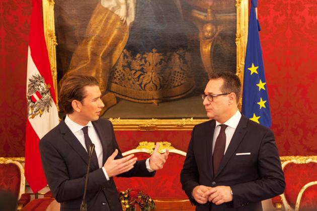 Sebastian Kurz (left) and the Freedom Party chairman Heinz-Christian Strache at a press conference in Vienna on December 16, 2017. (AFP) Sebastian Kurz (left) and the Freedom Party chairman Heinz-Christian Strache at a press conference in Vienna on December 16, 2017. (AFP)