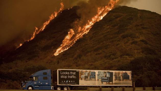 Flames from the Thomas fire burn on Highway 101 north of Ventura, California. The hot Santa Ana winds have helped the fire grow, at times sending embers far ahead of its main flank. Between Thursday night and yesterday, it claimed another 3,000 acres feeding on brush and timber killed by California’s long drought or a week of hot, dry weather. (Noah Berger / AP) Flames from the Thomas fire burn on Highway 101 north of Ventura, California. The hot Santa Ana winds have helped the fire grow, at times sending embers far ahead of its main flank. Between Thursday night and yesterday, it claimed another 3,000 acres feeding on brush and timber killed by California’s long drought or a week of hot, dry weather. (Noah Berger / AP)