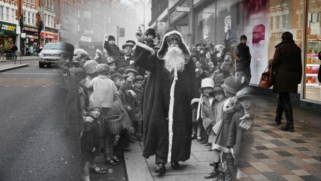 Father Christmas arrives at the Arding and Hobbs store on November 2, 1926 in Clapham Junction, London overlayed with a recent photo of shoppers walking past the same location on December 15, 2014 in London. (Peter Macdiarmid/Getty Images) Father Christmas arrives at the Arding and Hobbs store on November 2, 1926 in Clapham Junction, London overlayed with a recent photo of shoppers walking past the same location on December 15, 2014 in London. (Peter Macdiarmid/Getty Images)