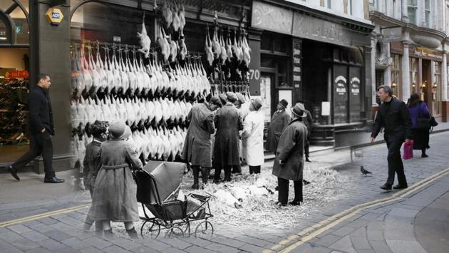 A comparison is made of London at Watling Street in 1923 and 2014 during Christmas time. Christmas turkeys hanging outside poultries here were once a common sight but have been replaced with shops and gifts stores today. While the festival is celebrated with same fervor, the tradition of gifts on Christmas day is a rather recent phenomenon which was earlier confined to New Year. (Peter Macdiarmid/Getty Images) A comparison is made of London at Watling Street in 1923 and 2014 during Christmas time. Christmas turkeys hanging outside poultries here were once a common sight but have been replaced with shops and gifts stores today. While the festival is celebrated with same fervor, the tradition of gifts on Christmas day is a rather recent phenomenon which was earlier confined to New Year. (Peter Macdiarmid/Getty Images)