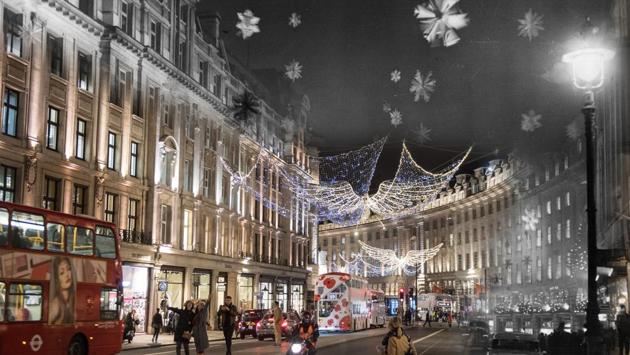 Regent Street in 1955 and overlayed with 2017 Christmas time. Regent Street holds a special significance as it is claimed to have installed London’s first ever display of Christmas lights in 1954. (Chris J Ratcliffe /Getty Images) Regent Street in 1955 and overlayed with 2017 Christmas time. Regent Street holds a special significance as it is claimed to have installed London’s first ever display of Christmas lights in 1954. (Chris J Ratcliffe /Getty Images)