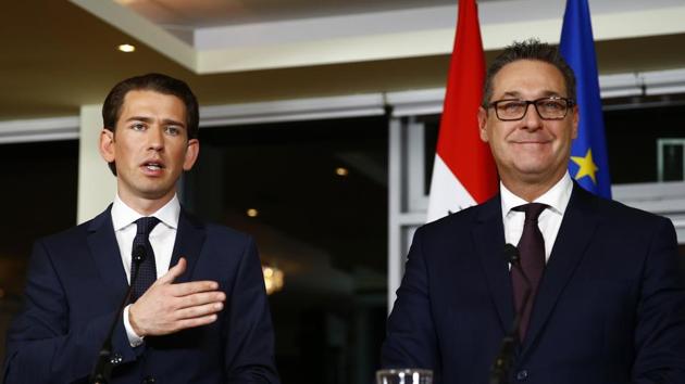 Head of the People's Party (OeVP) Sebastian Kurz (L) and head of the Freedom Party (FPOe) Heinz-Christian Strache address a news conference in Vienna, Austria, December 16, 2017. (REUTERS Photo) Head of the People's Party (OeVP) Sebastian Kurz (L) and head of the Freedom Party (FPOe) Heinz-Christian Strache address a news conference in Vienna, Austria, December 16, 2017. (REUTERS Photo)