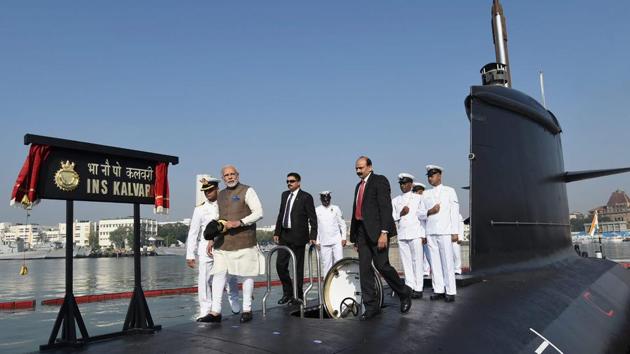 PM Narendra Modi at the commissioning of scorpene class submarine INS Kalvari at the Naval Dockyard in Mumbai on Thursday. (PIB / PTI) 