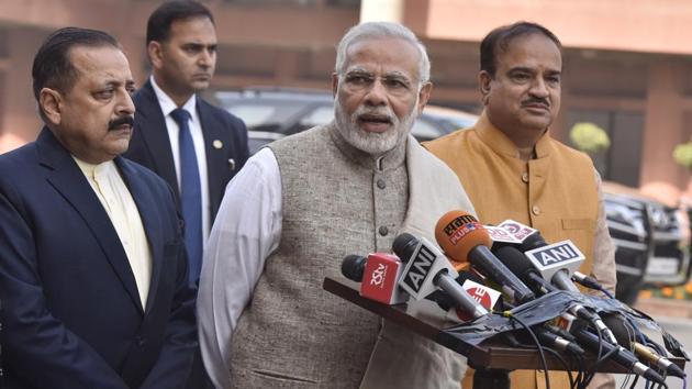 Prime Minister Narendra Modi ( C) address media person before attending of the first day of the Parliament winter session at Parliament House in New Delhi on Friday. (Sonu Mehta/HT FILE PHOTO) Prime Minister Narendra Modi ( C) address media person before attending of the first day of the Parliament winter session at Parliament House in New Delhi on Friday. (Sonu Mehta/HT FILE PHOTO)