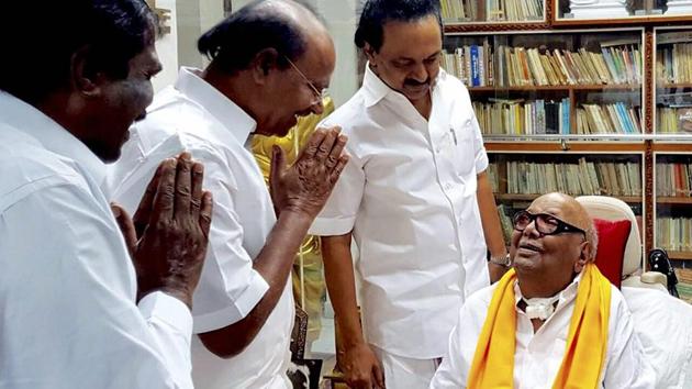 DMK Chief M Karunanidhi at his Gopalapuram residence in Chennai on October 31, 2017. (PTI File Photo) DMK Chief M Karunanidhi at his Gopalapuram residence in Chennai on October 31, 2017. (PTI File Photo)