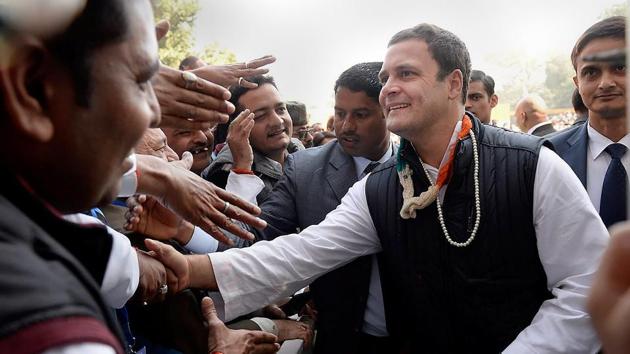 Rahul Gandhi receives greetings from supporters after taking charge as Congress president during an event held at the lawns of the All India Congress Committee (AICC) in New Delhi on Saturday. (PTI Photo) Rahul Gandhi receives greetings from supporters after taking charge as Congress president during an event held at the lawns of the All India Congress Committee (AICC) in New Delhi on Saturday. (PTI Photo)