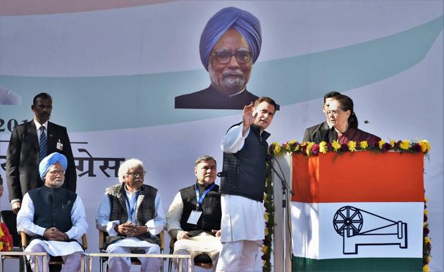 Outgoing Congress president Sonia Gandhi and party’s new chief Rahul Gandhi at the ceremony in New Delhi on Saturday. (PTI Photo) Outgoing Congress president Sonia Gandhi and party’s new chief Rahul Gandhi at the ceremony in New Delhi on Saturday. (PTI Photo)