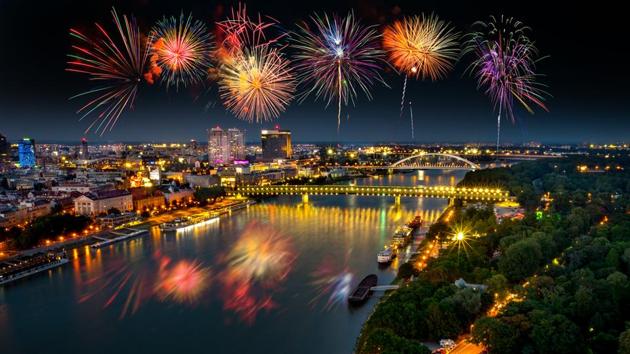 Fireworks over Danube river with evening lights in the capital city of Bratislava. (Shutterstock) Fireworks over Danube river with evening lights in the capital city of Bratislava. (Shutterstock)