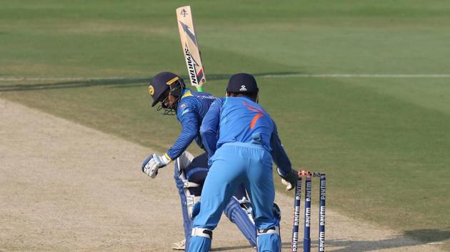 MS Dhoni’s magnificent stumping to get rid of Tharanga (95) left the visitors tottering.  (BCCI ) 
