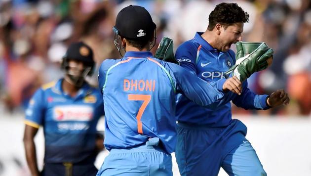 Indian cricket team player Kuldeep Yadav celebrates with teammate MS Dhoni the dismissal of Sri Lanka's Upul Tharanga in the 3rd and final ODI in Visakhapatnam on Sunday. (PTI) Indian cricket team player Kuldeep Yadav celebrates with teammate MS Dhoni the dismissal of Sri Lanka's Upul Tharanga in the 3rd and final ODI in Visakhapatnam on Sunday. (PTI)