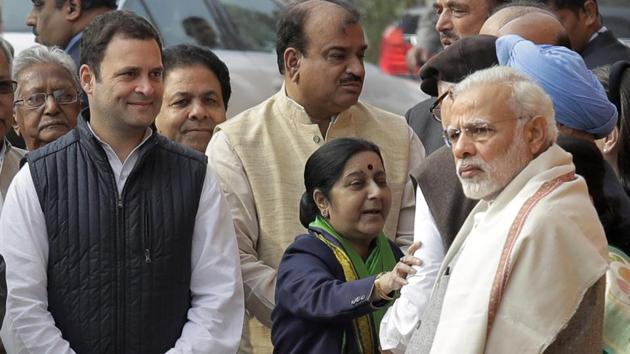 Congress party president Rahul Gandhi with Prime Minister Narendra Modi and external affairs minister Sushma Swaraj, among others, at a recent ceremony to pay tributes to security officials who lost their lives in the 2001 Parliament attack. (AP File) Congress party president Rahul Gandhi with Prime Minister Narendra Modi and external affairs minister Sushma Swaraj, among others, at a recent ceremony to pay tributes to security officials who lost their lives in the 2001 Parliament attack. (AP File)