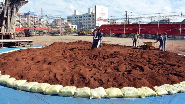Preparation for the Bhugaon event is underway and the venue is prepping to host both types of wrestling—mud and mat—with a seating capacity of 40,000 spectators. (HT PHOTO) Preparation for the Bhugaon event is underway and the venue is prepping to host both types of wrestling—mud and mat—with a seating capacity of 40,000 spectators. (HT PHOTO)