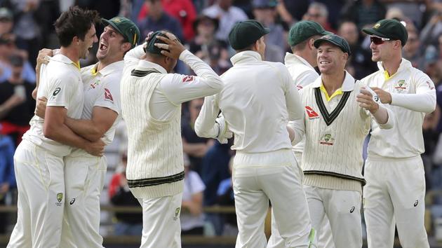 Steve Smith and Australia cricket team players celebrate after winning their Ashes Test against England cricket team in Perth on Monday. (AP) Steve Smith and Australia cricket team players celebrate after winning their Ashes Test against England cricket team in Perth on Monday. (AP)
