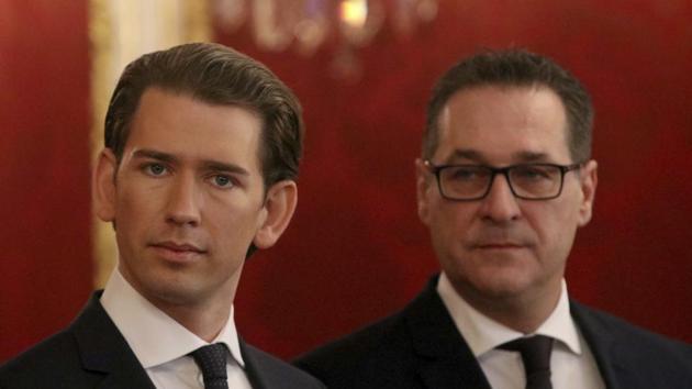 Foreign minister and leader of the Austrian People's Party (OEVP), Sebastian Kurz (left), and Heinz-Christian Strache, chairman of the right-wing Freedom Party (FPOE) seen after talks with Austrian President Alexander van der Bellen for forming a new coalition government in Vienna on December 16, 2017. (AP) Foreign minister and leader of the Austrian People's Party (OEVP), Sebastian Kurz (left), and Heinz-Christian Strache, chairman of the right-wing Freedom Party (FPOE) seen after talks with Austrian President Alexander van der Bellen for forming a new coalition government in Vienna on December 16, 2017. (AP)