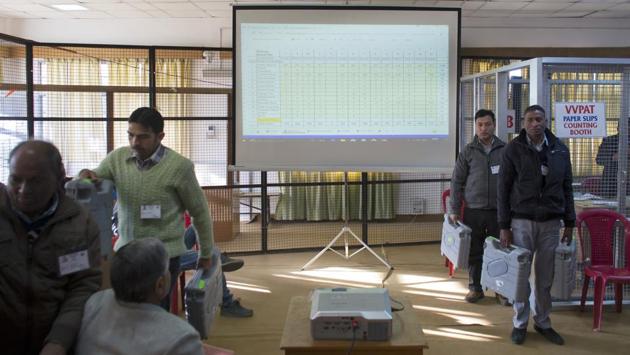 Live results are projected on a screen as election officials hold electronic voting machines at a poll counting center. Narinder Bragta, of the BJP, is the likely winner in Jubbal-Kotkhai constituency, where the brutal rape and murder of a Class 10 girl ignited protests over law and order issue against the Virbhadra Singh government. (Ashwini Bhatia / AP) 