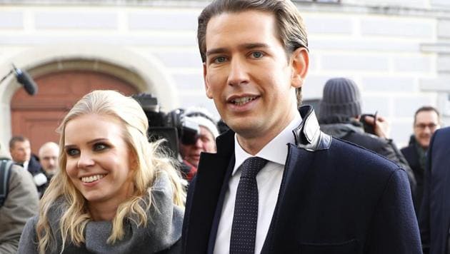 Head of the People's Party (OeVP) Sebastian Kurz and his girlfriend Susanne Thier leave the presidential office after he was sworn in as Austrian Chancellor in Vienna, Austria, December 18, 2017.(REUTERS Photo)