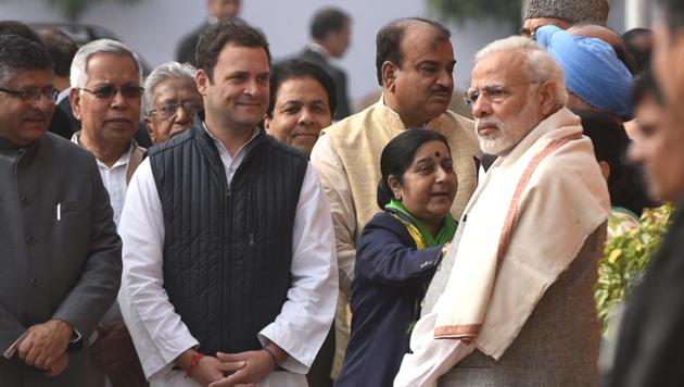 Prime Minister Narendra Modi and Rahul Gandhi with other senior politicians during the anniversary of 2001 Parliament Attack at Parliament House in New Delhi on December 13, 2017. (Sushil Kumar/HT Photo) Prime Minister Narendra Modi and Rahul Gandhi with other senior politicians during the anniversary of 2001 Parliament Attack at Parliament House in New Delhi on December 13, 2017. (Sushil Kumar/HT Photo)