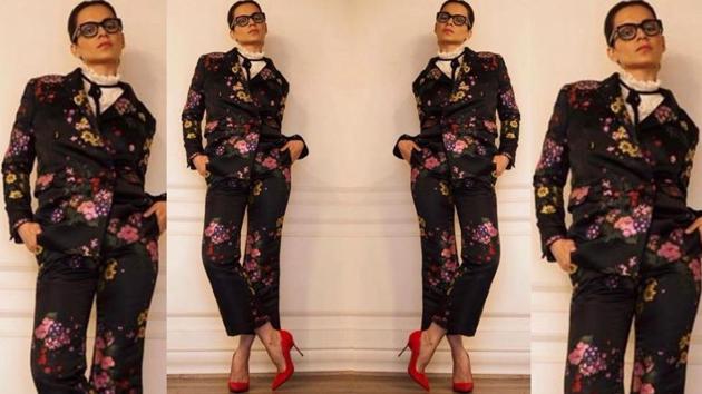 Actor Kangana Ranaut stepped out for a couple of interviews in Mumbai on Monday in a head-to-toe black floral pantsuit.(Instagram)