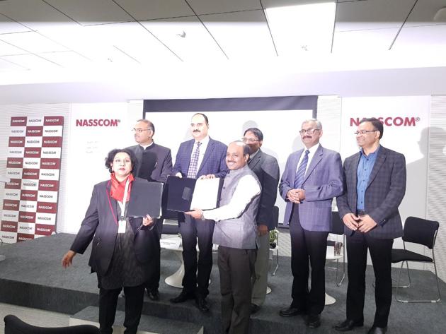 AKTU and NASSCOM officials after signing the MoU. As part of the agreement, SSC NASSCOM will provide guidelines and recommendations related to programme particulars such as faculty and student selection, infrastructure for training and evaluation, under the supervision of AKTU’s steering committee members (HT Photo) AKTU and NASSCOM officials after signing the MoU. As part of the agreement, SSC NASSCOM will provide guidelines and recommendations related to programme particulars such as faculty and student selection, infrastructure for training and evaluation, under the supervision of AKTU’s steering committee members (HT Photo)