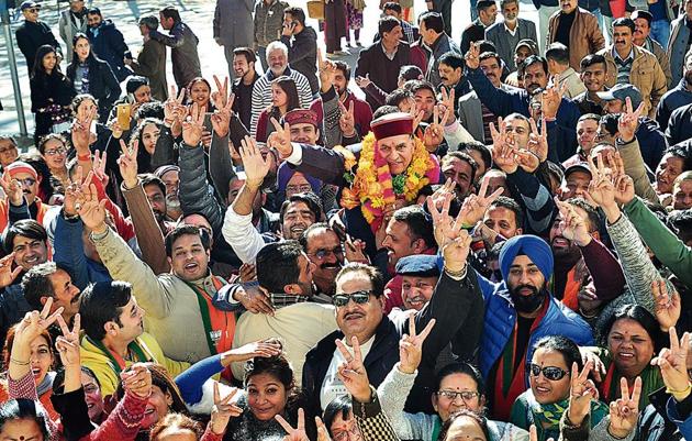 BJP candidate from Shimla Urban Suresh Bhardwaj celebrating his victory with supporters on Monday. (Deepak Sansta/HT) BJP candidate from Shimla Urban Suresh Bhardwaj celebrating his victory with supporters on Monday. (Deepak Sansta/HT)